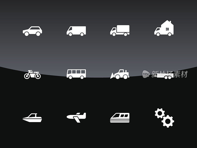 Cars and Transport icons on black background.